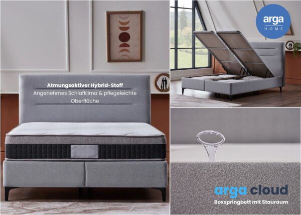 Arga Home Boxspringbett "A – CLOUD" mit Stauraum – Bett mit Bettkasten & Pocket – Federkern Matratze – Grau