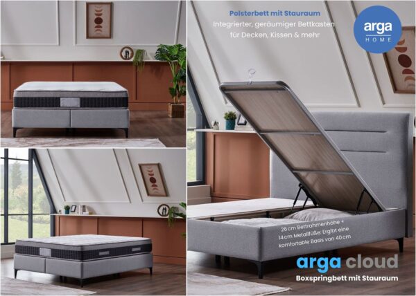 Arga Home Boxspringbett "A – CLOUD" mit Stauraum – Bett mit Bettkasten & Pocket – Federkern Matratze – Grau