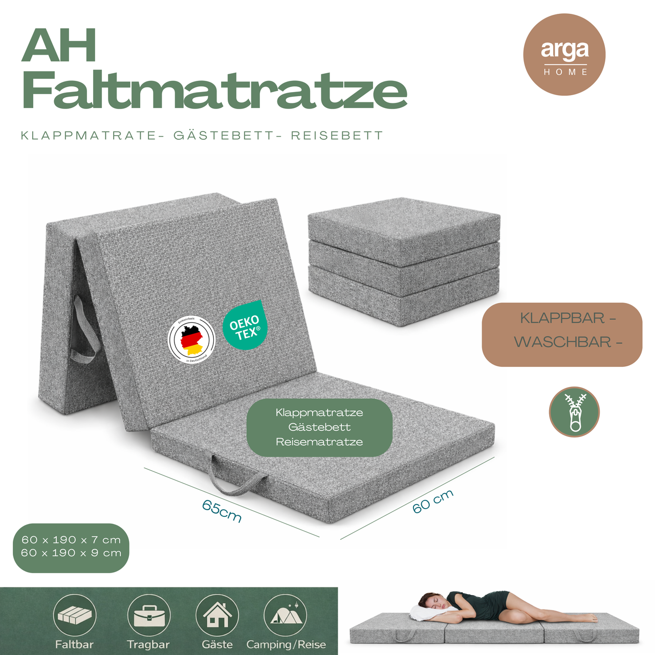 Arga Home AH – FALT Klappmatratze – Faltbare Kaltschaummatratze mit 3 – Zonen – Kern, Gästematratze, 60 x 190 – 9 cm Höhe