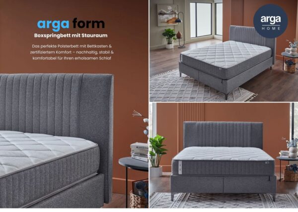Arga Home Boxspringbett "ARGAFORM" mit Stauraum, mit Bettkasten & 25 cm 5 – Zonen – Federkernmatratze – Hellgrau