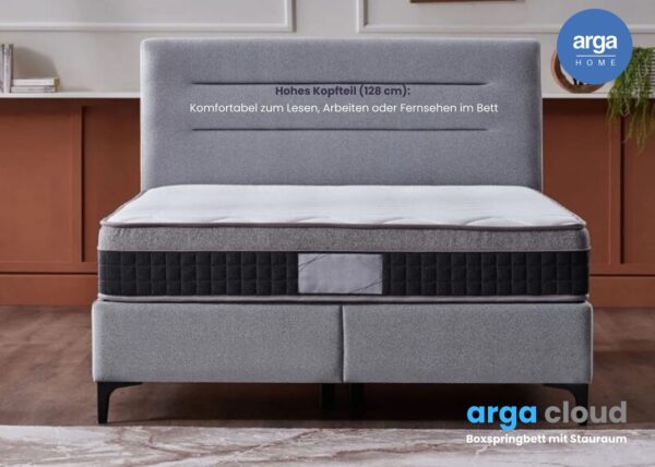 Arga Home Boxspringbett "A – CLOUD" mit Stauraum – Bett mit Bettkasten & Pocket – Federkern Matratze – Grau