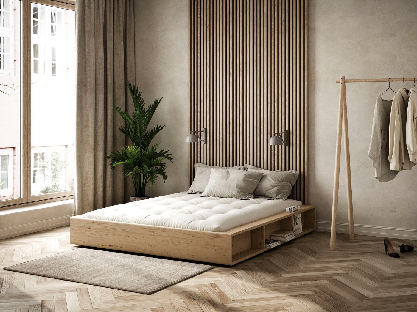 Karup Design Futonbett Bettgestell Ziggy Bed – FSC® Massivholz Futonbett, excl. Matratze, mit 6 offenen Fächern, Ablagefläche und minimalistischer Eleganz