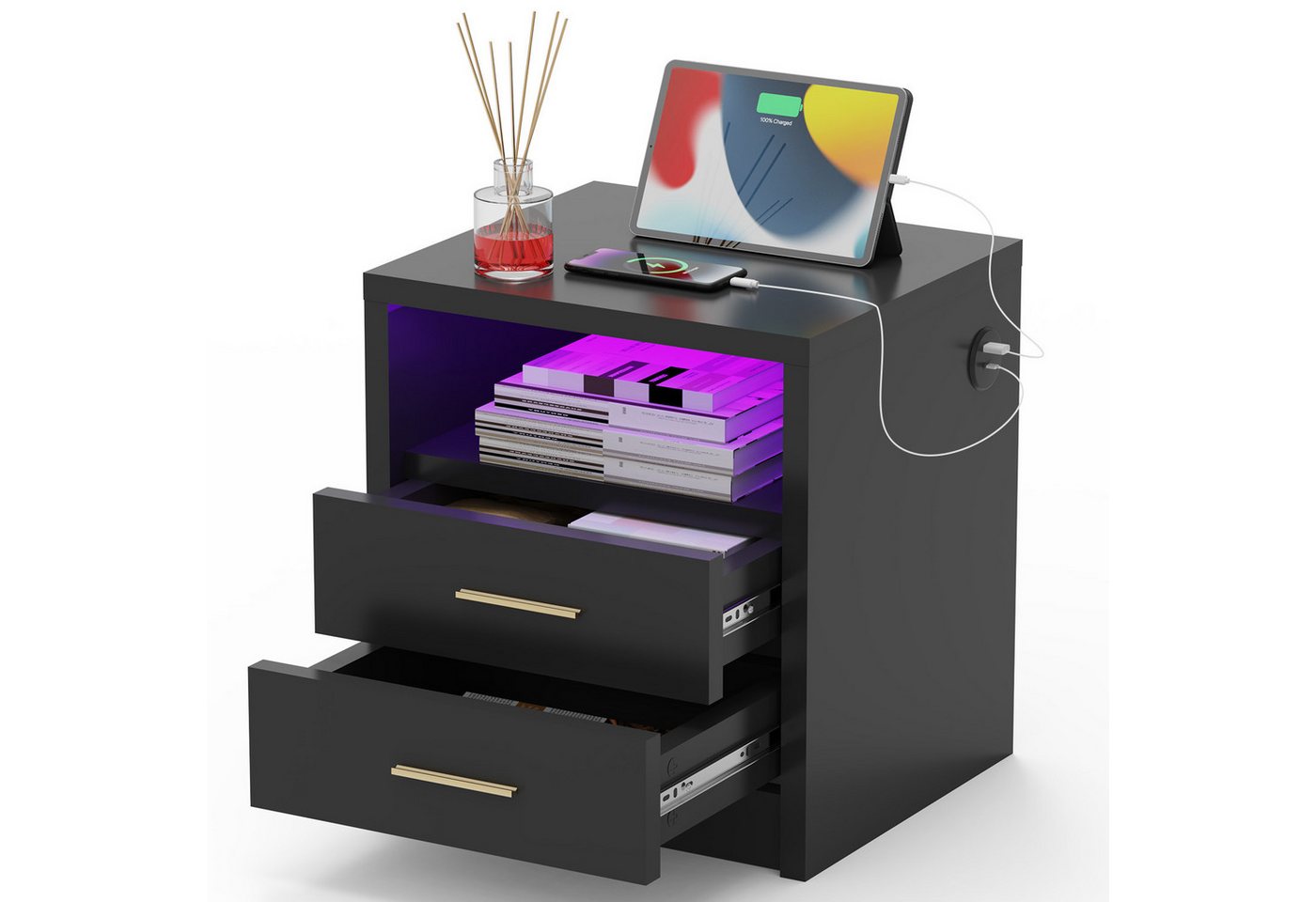 oyajia Nachttisch Nachtschrank mit 2/3 Schubladen, Beistelltisch mit Ladestation und LED (1-st RGB Nachttisch mit Schubladen und Ladestation), Nachttisch mit Schubladen, Einstellbare Farben, Type-C, USB-Anschlüsse