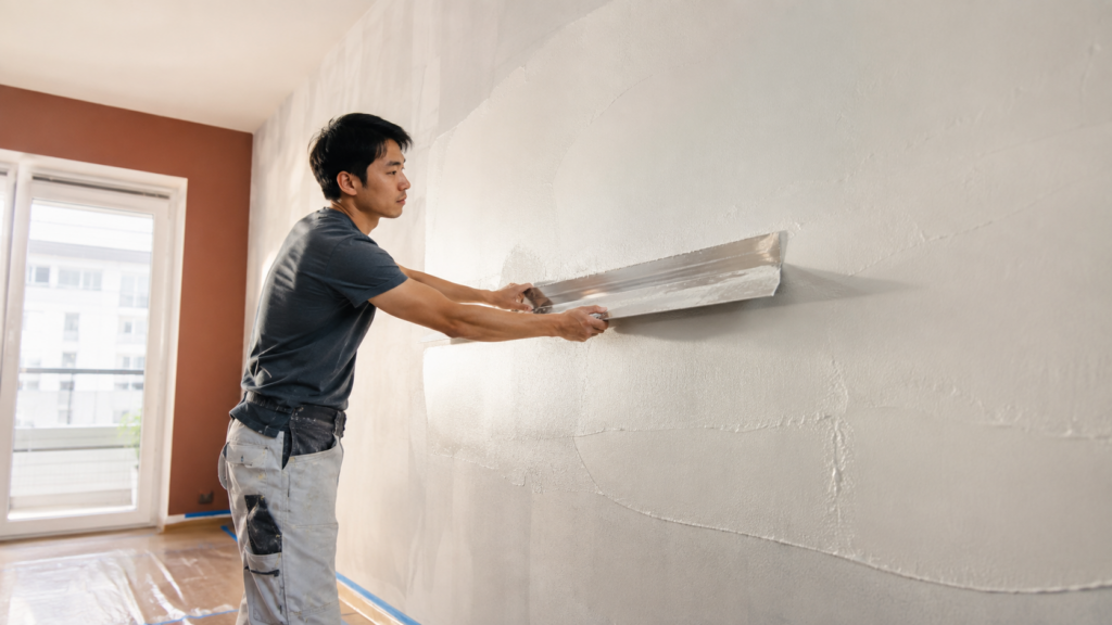 Handwerker glättet eine große Innenwand mit einem breiten Flächenspachtel