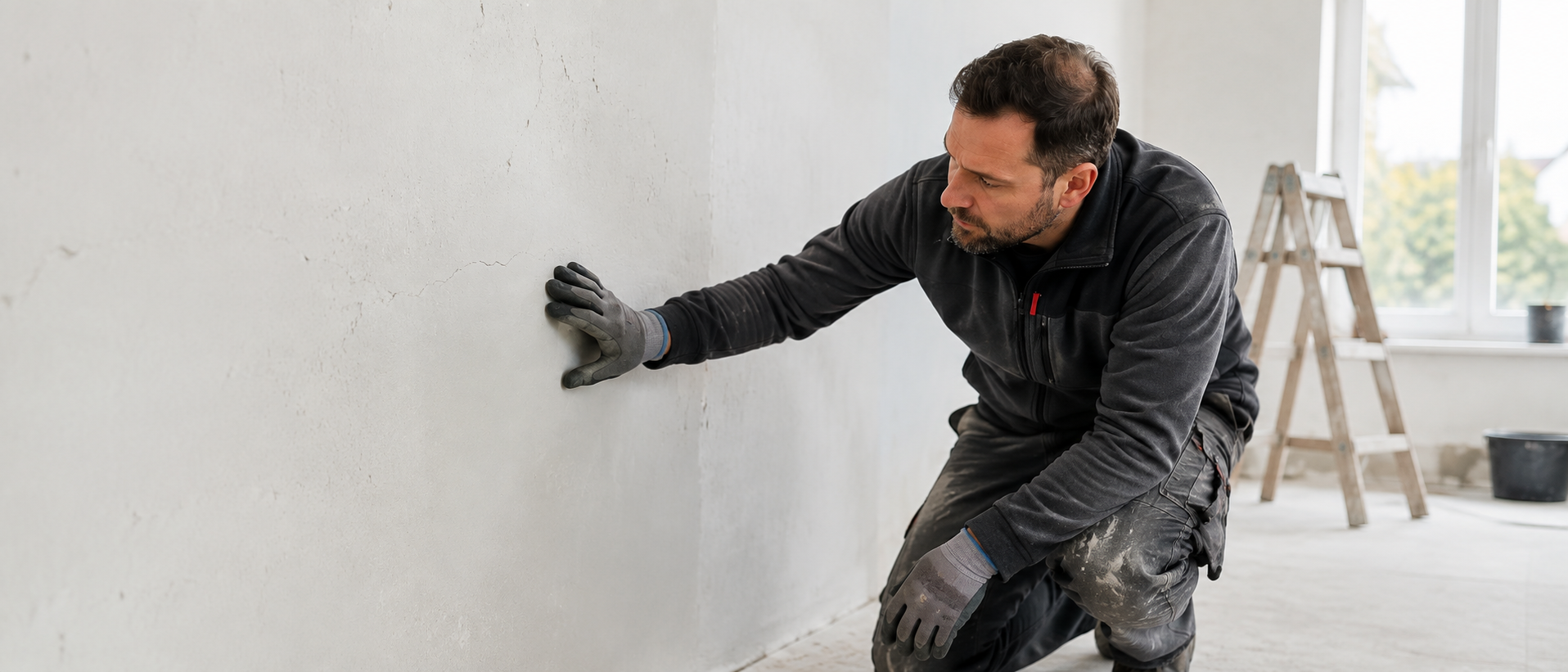 Handwerker prüft eine gerissene Wand vor der Renovierung