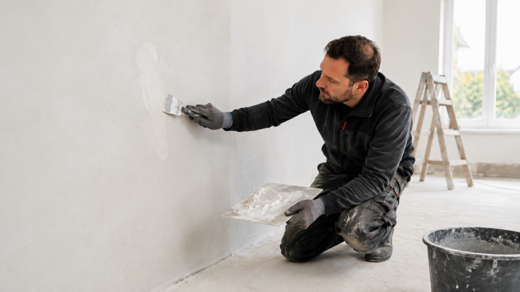 Handwerker trägt Spachtelmasse auf eine Innenwand auf