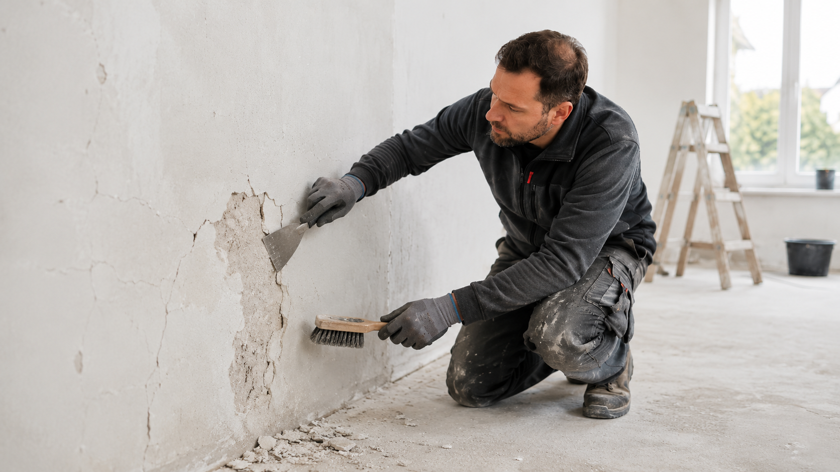 Handwerker repariert Risse und beschädigte Stellen an einer Innenwand