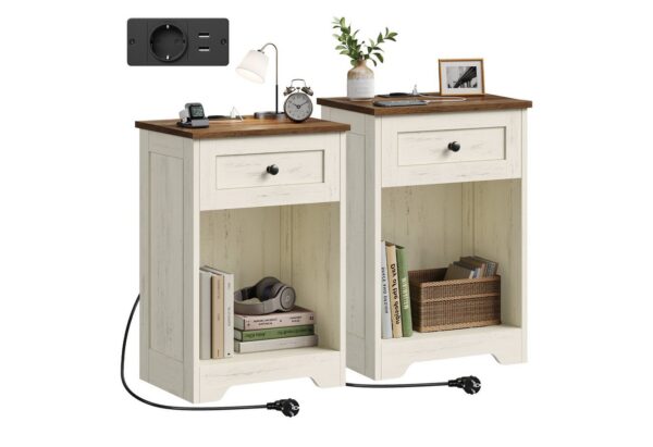 VASAGLE Nachttisch Beistelltisch aus Holzspanplatte, Landhausstil für Schlafzimmer, 2er Set mit Steckdose, USB-Anschlüssen und Schublade, 40 x 30 x 59 cm