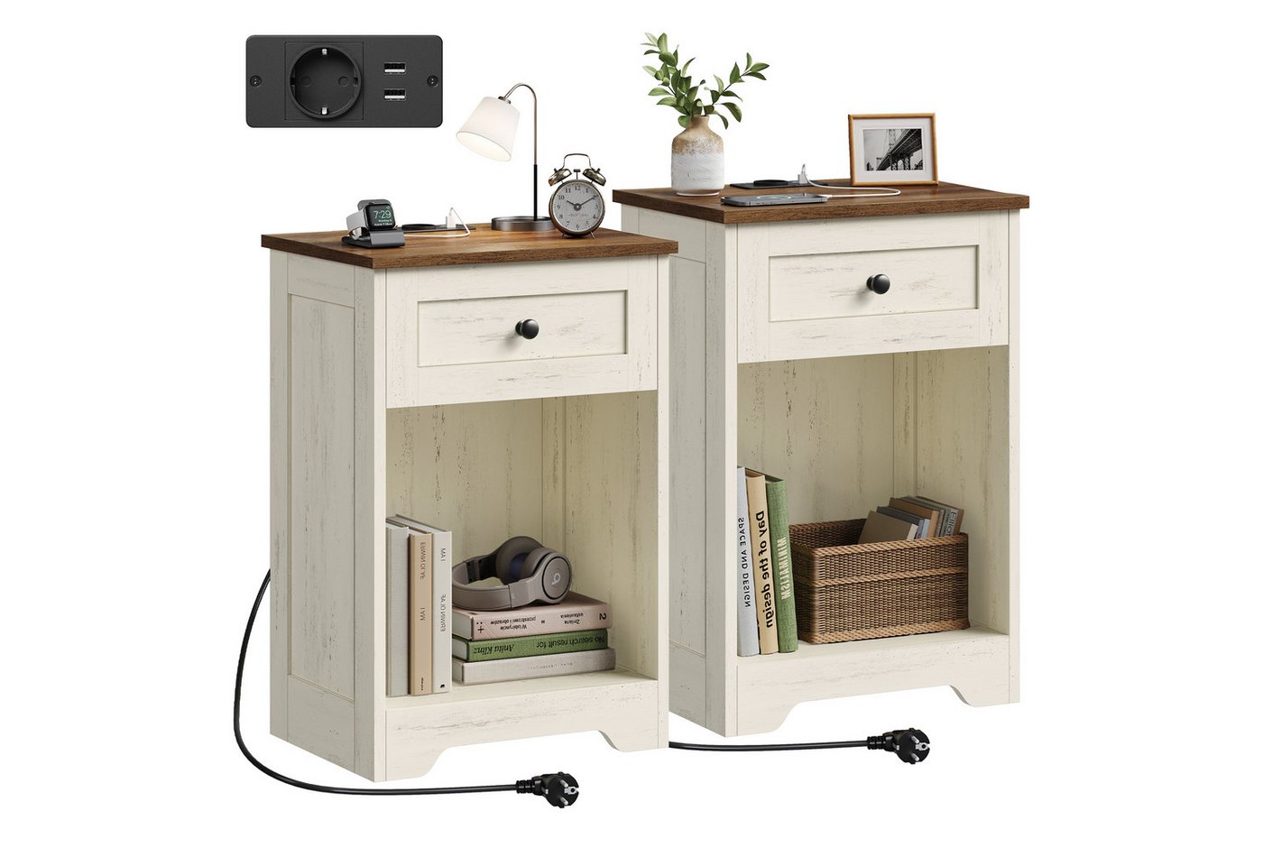 VASAGLE Nachttisch Beistelltisch aus Holzspanplatte, Landhausstil für Schlafzimmer, 2er Set mit Steckdose, USB-Anschlüssen und Schublade, 40 x 30 x 59 cm