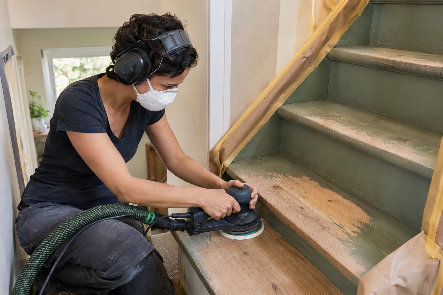 Alte Holztreppe mit Schleifmaschine und Absaugung schleifen