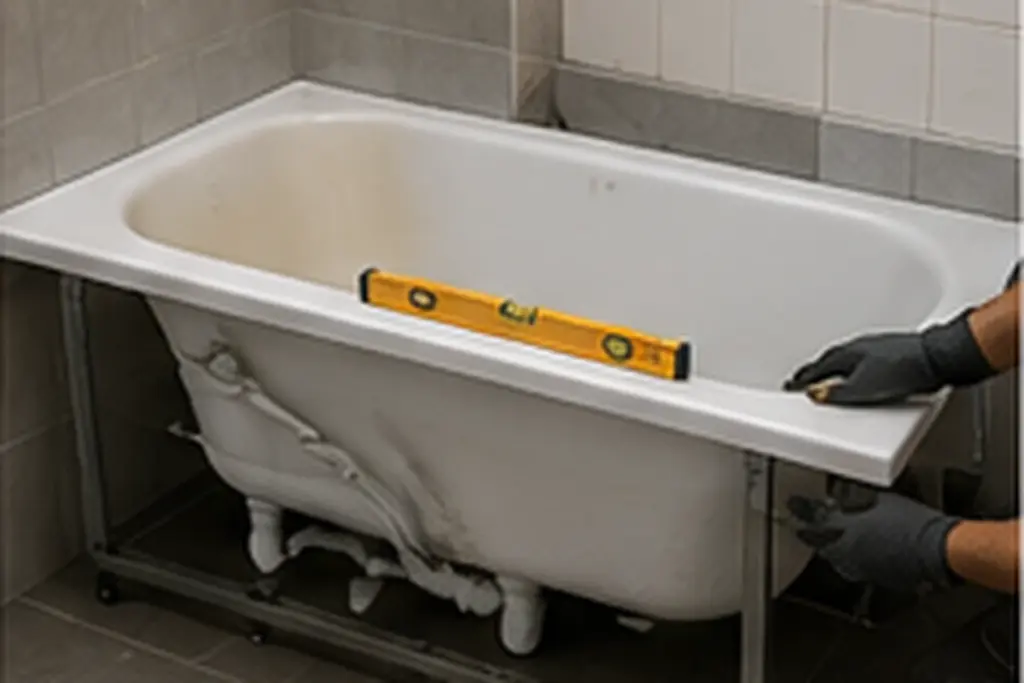 Wanne wird mit der Wasserwaage auf der Kante ausgerichtet, darunter sind die freigelegten Anschlussleitungen sichtbar