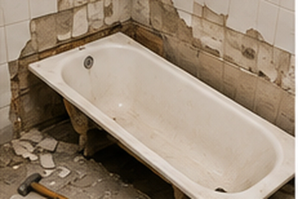 Alte, stark verschmutzte Badewanne in der Nische, daneben sind die Fliesen bis auf die Wand aufgebrochen, ein Hammer liegt auf dem Bauschutt