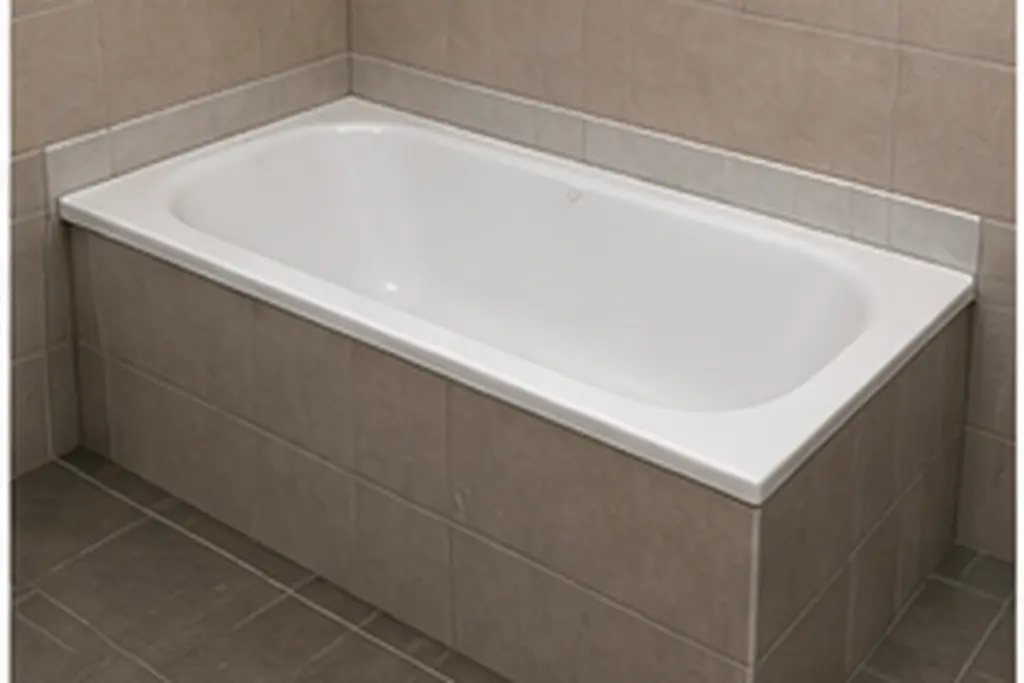 Neu eingebaute Badewanne sitzt passgenau in der vorhandenen, gefliesten Nische, die Anschlussfuge zur Wand ist bündig