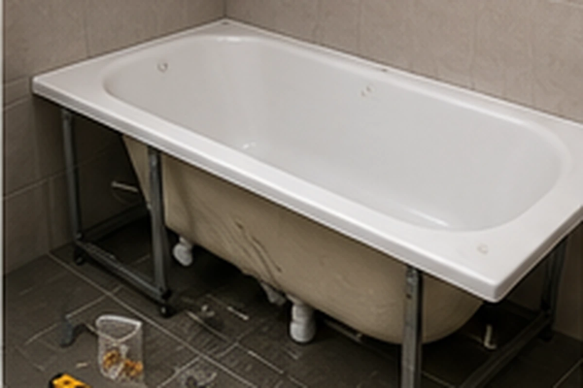 Badewanne auf höhenverstellbaren Trägerfüßen im Rohbau, Zulauf- und Ablaufanschluss sind unter der Wanne sichtbar