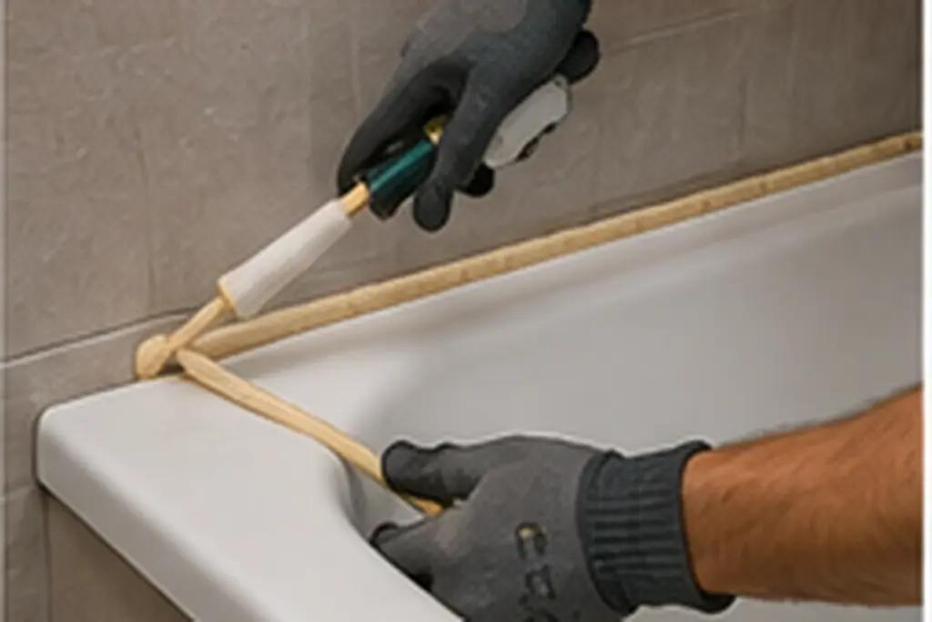 Wannenrand wird mit einer Spannvorrichtung gegen die Wand fixiert, während der Träger darunter ausgerichtet wird