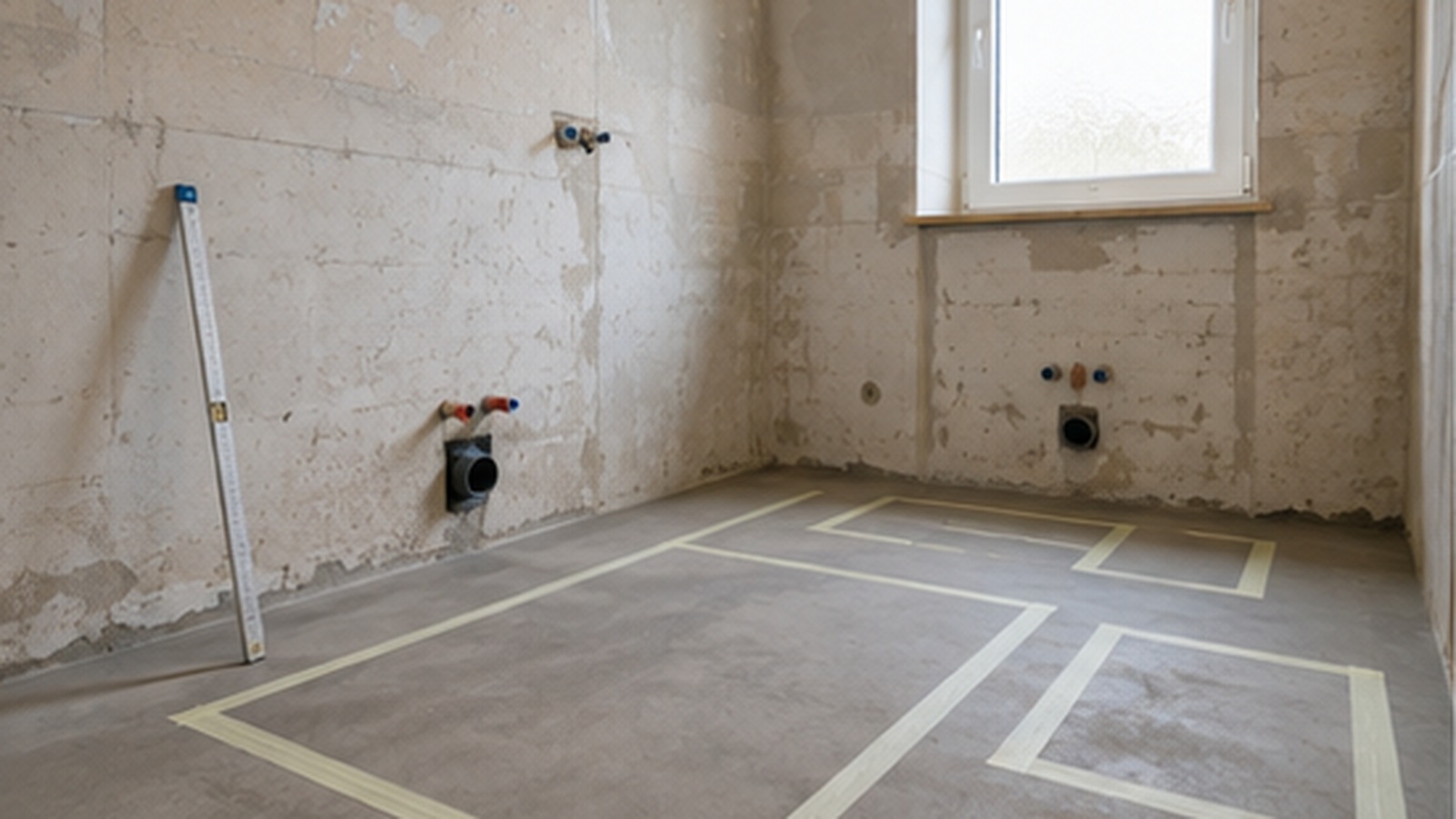 Leergeräumtes Badezimmer, in dem die Stellflächen von Dusche, WC und Waschtisch mit Malerkrepp auf dem Boden markiert sind