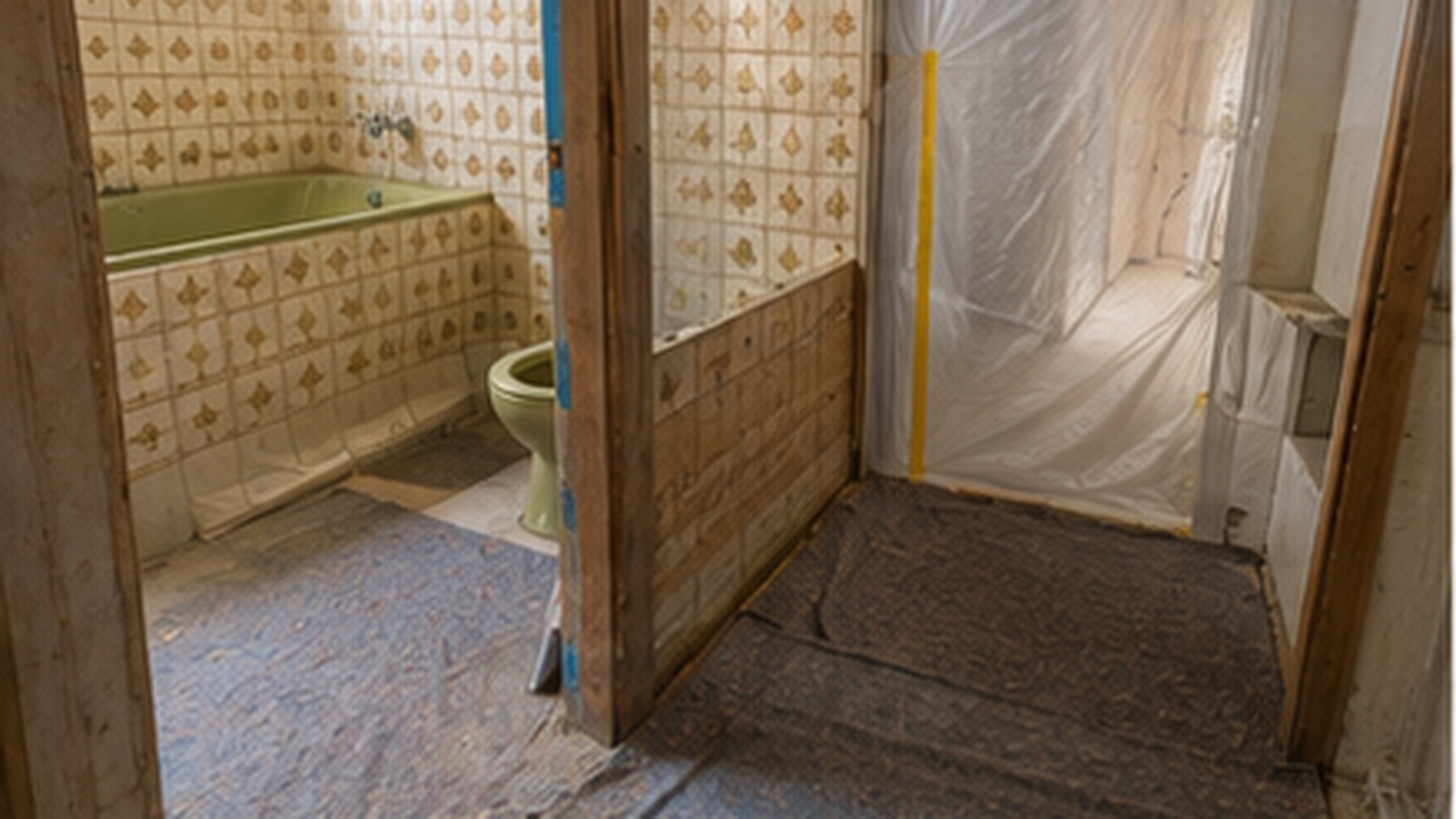Altes Badezimmer vor dem Umbau, mit Staubschutzfolie in der Türöffnung und abgedecktem Boden