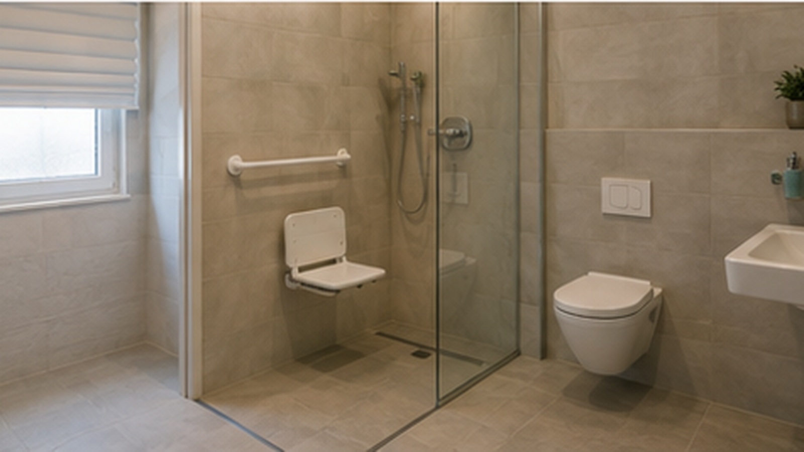 Badezimmer mit bodengleicher Dusche ohne Schwelle, Klappsitz an der Wand und einem Haltegriff neben dem Einstieg