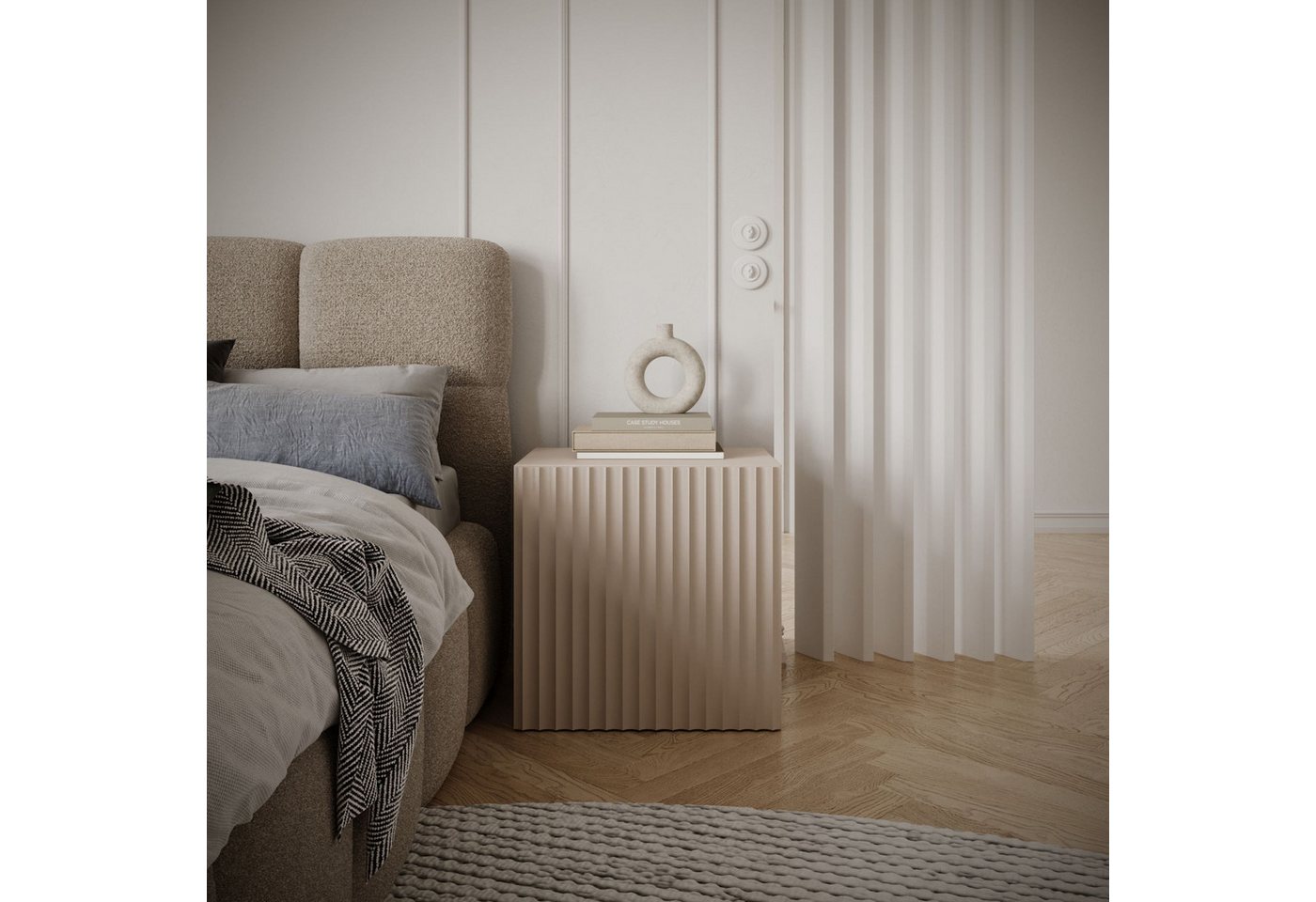 Selsey Nachttisch SUDS, Nachttisch in Kaschmirbeige mit Lamellenfront und Push-to-Open