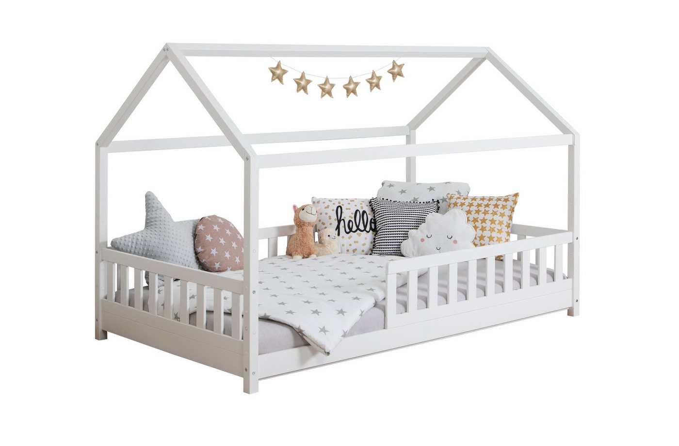 Ticaa Hausbett Kay mit Rausfallschutz aus Kiefer, Kinderbett 90x200, inkl. Dach, mit Rollrost