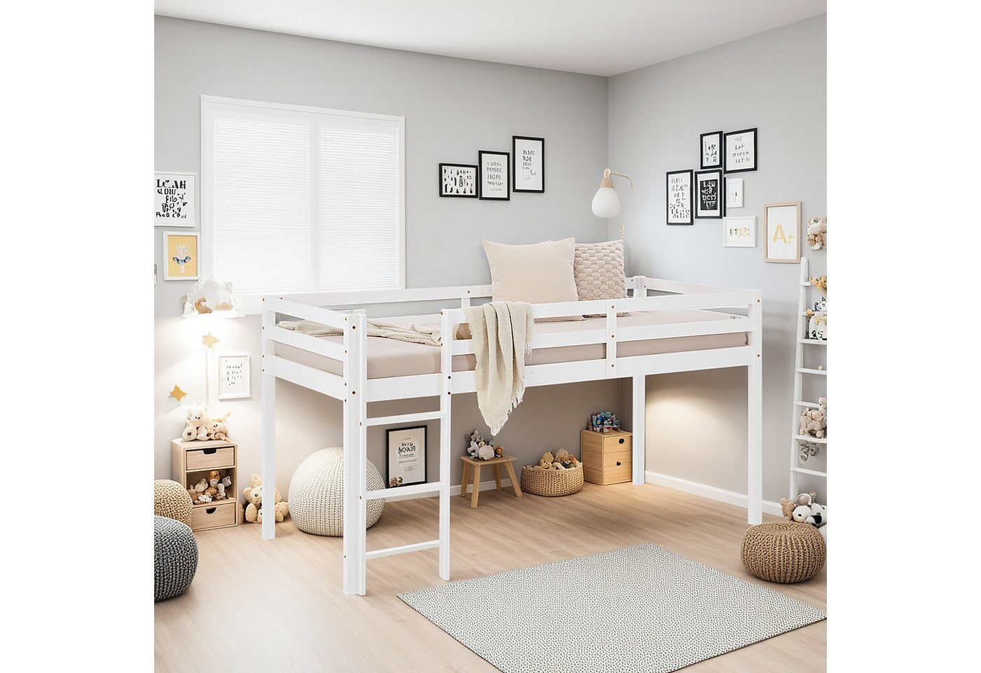 Homestyle4u Hochbett 90x200 Kinderbett Rausfallschutz Grau/Weiß Kinder Leiter Treppe (Set, mit Lattenrost, ohne Vorhang) Kiefer, Jungen Mädchen