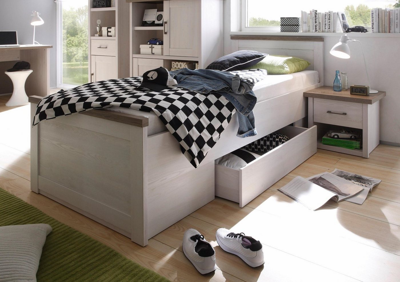 Begabino Jugendbett Luca, Stauraumbett, Landhaus Design, 90x200cm, Kinderbett, Einzelbett, inklusive Schubkasten, Bett