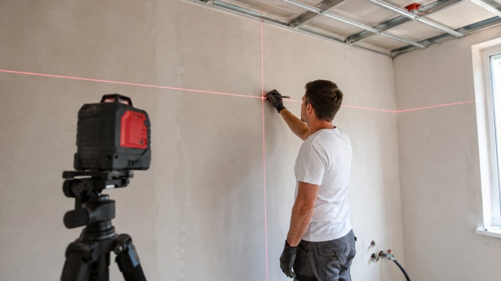 Höhenlinie für die abgehängte Decke wird mit einem Kreuzlinienlaser an der Wand angezeichnet