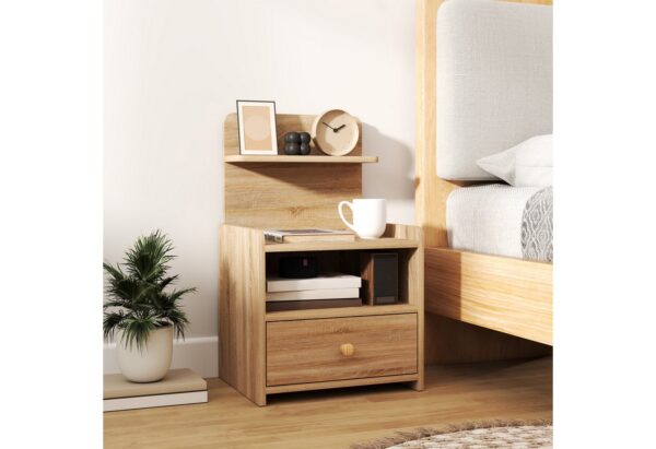 HOMCOM Nachttisch Nachtschrank mit offenen Ablage, Fach, Schublade (Nachttisch, 1-St., Nachtkommode), für Schlafzimmer, Wohnzimmer, 40 x 35 x 66 cm, Naturholz