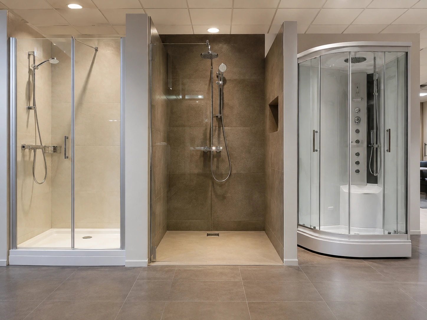 Drei unterschiedliche Duschsysteme im Vergleich: Wanne mit Abtrennung, bodengleiche Dusche und runde Komplettkabine nebeneinander in einer Badausstellung