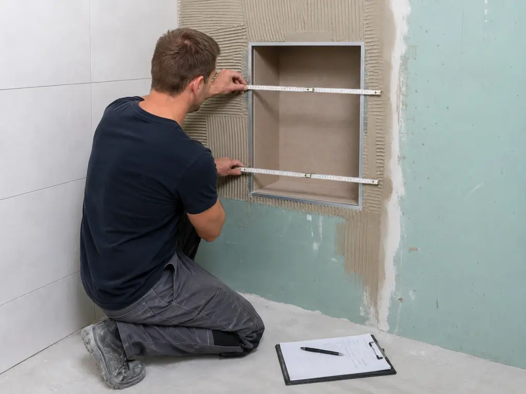 Handwerker vermisst mit dem Zollstock eine gefliesten Nische in der Dusche, auf dem Boden liegt ein Klemmbrett mit Notizen