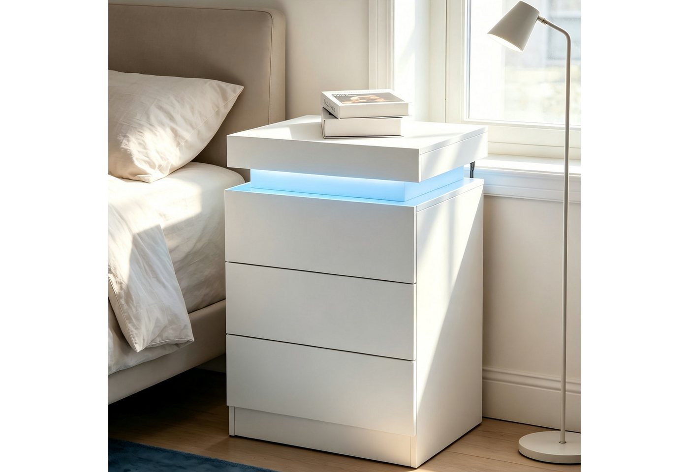 oyajia Nachttisch Hochglanz Nachtschrank mit 2 Schubladen,LED-Beleuchtung 16 Farben (Nachttisch mit LED Streifen, Beistelltisch), Nachttisch mit einstellbare Farben,Sofatisch, 45x35x55 cm Schwarz/Weiß
