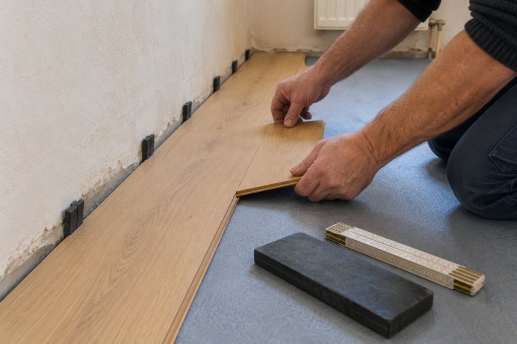Erste Laminatreihe wird mit Abstandskeilen an der Wand ausgerichtet