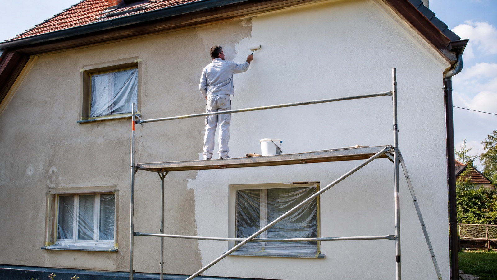 Hausfassade mit Gerüst, ein Abschnitt ist bereits frisch gestrichen