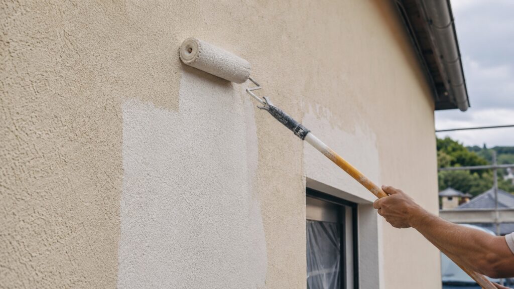 Fassadenfarbe wird mit der Rolle am Verlängerungsstab auf strukturierten Putz aufgetragen