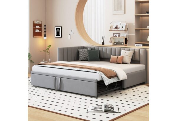 Merax Daybett (Tagesbett aus Samt), Polsterbett mit Ausziehbett,Schlafsofa mit Armlehne,90/180x200cm
