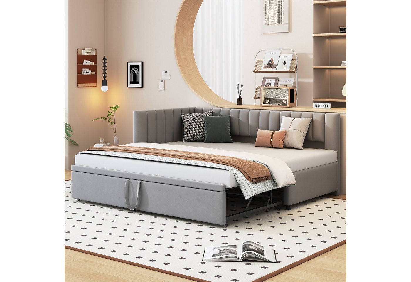 Merax Daybett (Tagesbett aus Samt), Polsterbett mit Ausziehbett,Schlafsofa mit Armlehne,90/180x200cm