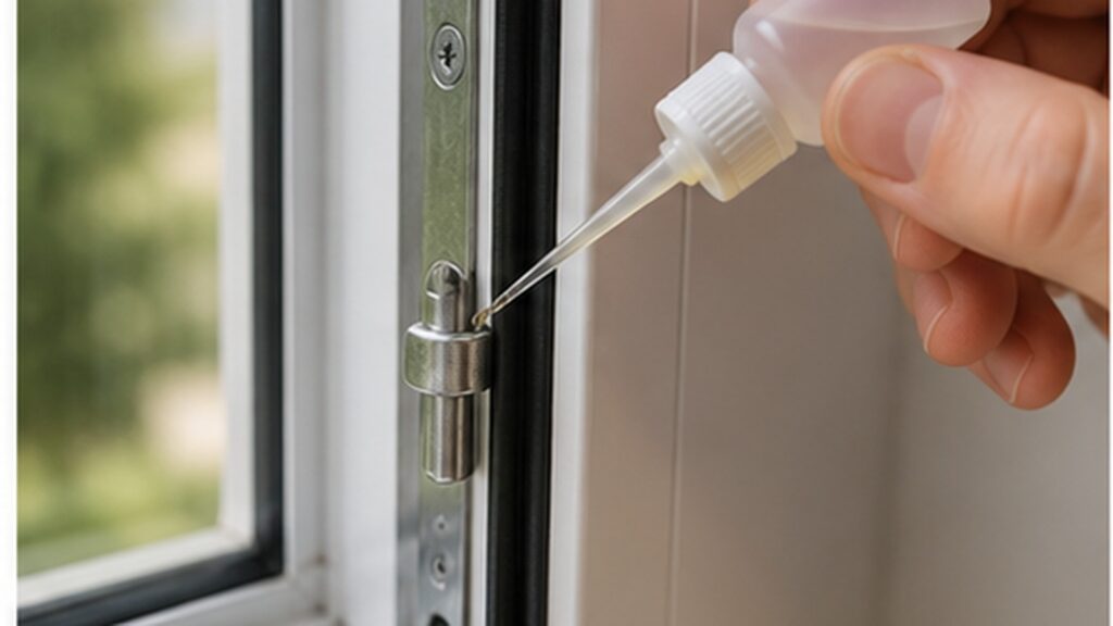 Ein Tropfen Öl wird gezielt auf den Schließzapfen eines Fensterbeschlags gegeben