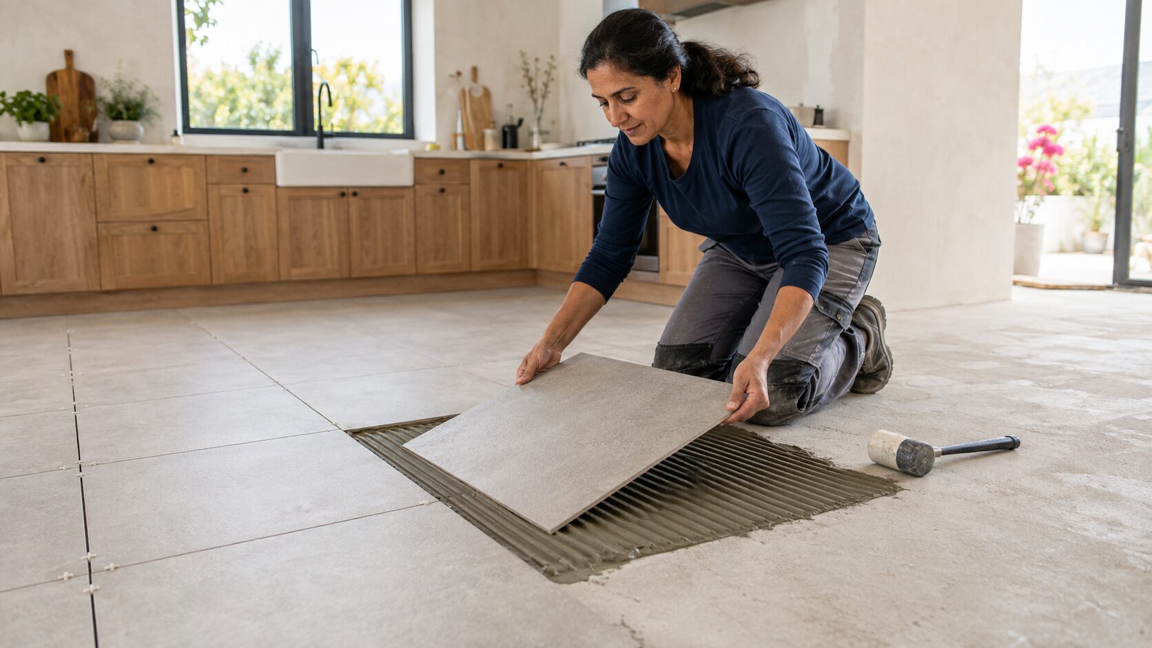 Fliesenlegerin setzt eine große graue Bodenfliese in ein gleichmäßig gekämmtes Kleberbett