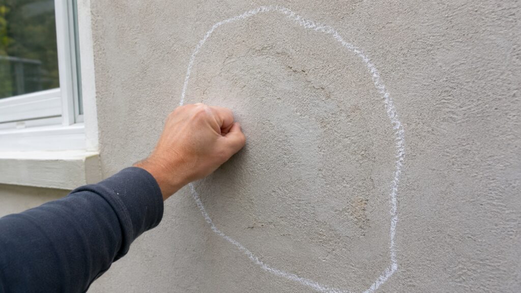 Putzfläche wird abgeklopft, der hohl klingende Bereich ist mit Kreide umrandet