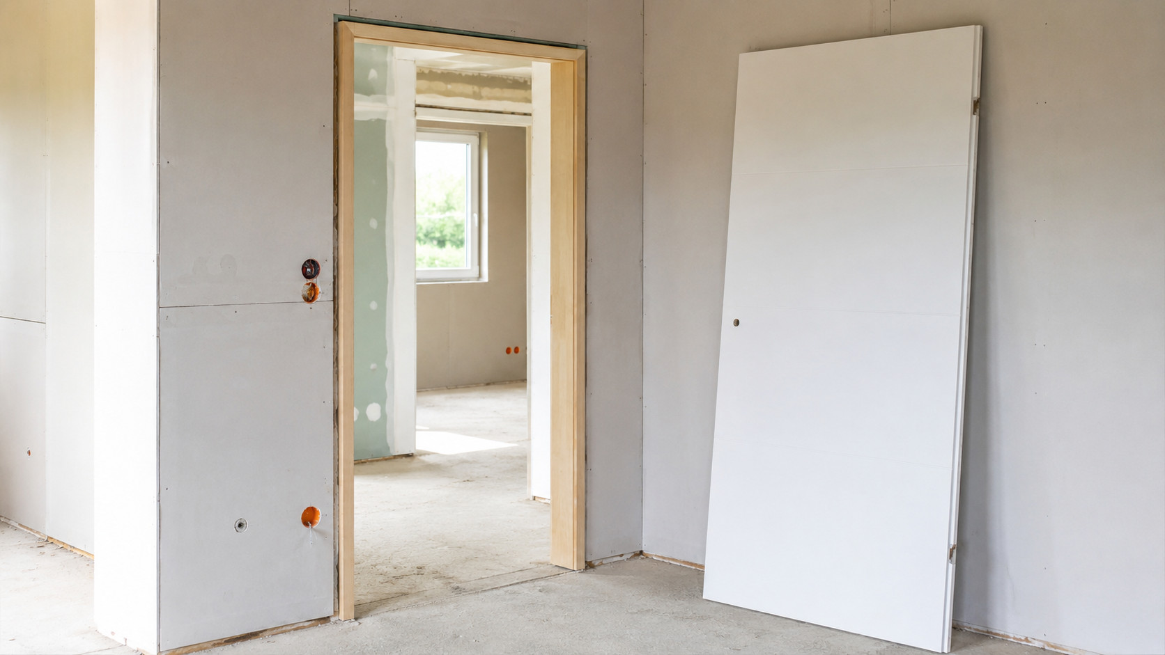 Fertig eingesetzte Zarge in der Wandöffnung, das Türblatt lehnt daneben an der Wand