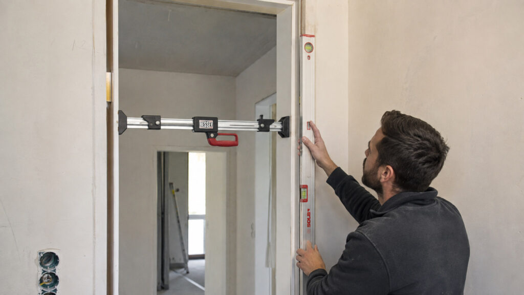 Handwerker prüft mit einer langen Wasserwaage, ob der Zargenschenkel lotrecht steht, ein Zargenspreizer hält die Zarge auf Maß