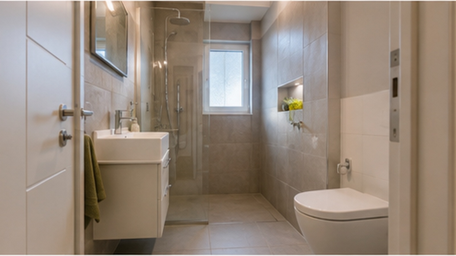 Schmales kleines Badezimmer mit wandhängendem Waschtisch, bodengleicher Dusche und durchgehend freier Bodenfläche