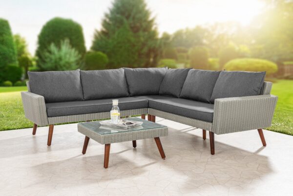 Prestige Home Living Outdoor 13tlg. Ecklounge – Set ALBANY aus Aluminium & Holz inkl. Polsterauflage, grau