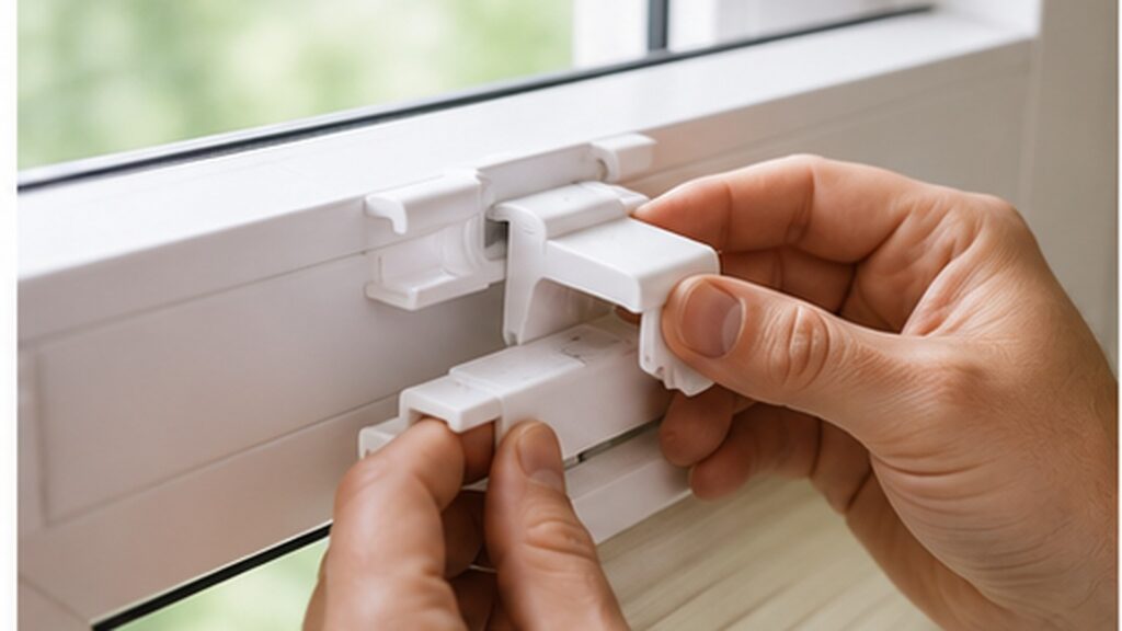 Klemmträger wird ohne Bohren auf den Falz eines Kunststofffensterflügels gesetzt