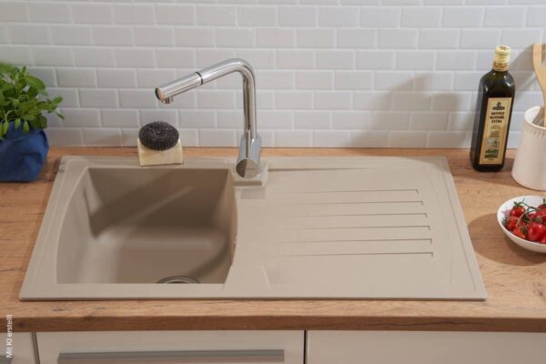 Respekta Einbauspüle Boston 86 x 50 B sandbeige Mineralite B/H/T: ca. 86x20x50 cm – Bild 4