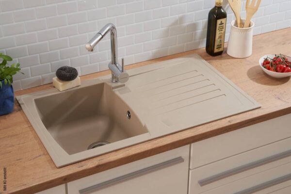 Respekta Einbauspüle Boston 86 x 50 B sandbeige Mineralite B/H/T: ca. 86x20x50 cm – Bild 5
