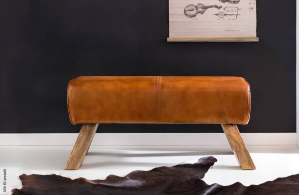 Wohnling Sitzbank braun natur Leder Echtholz B/H/T: ca. 90x43x30 cm – Bild 3