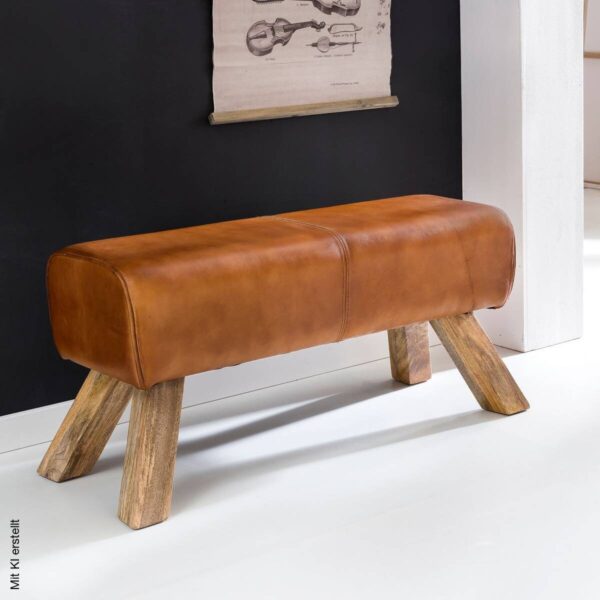 Wohnling Sitzbank braun natur Leder Echtholz B/H/T: ca. 90x43x30 cm – Bild 4