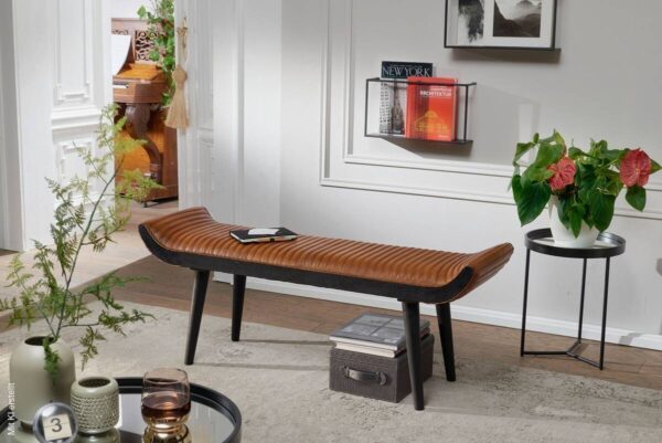 Wohnling Sitzbank braun schwarz Leder Echtholz B/H/T: ca. 125x51x38 cm – Bild 4
