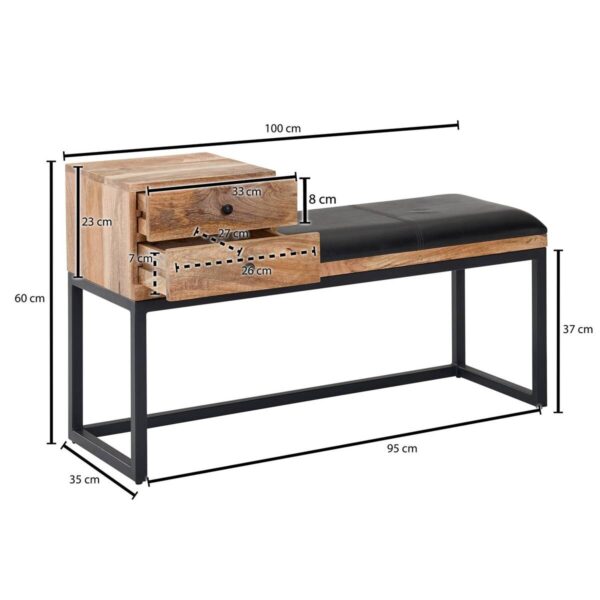 Wohnling Sitzbank natur schwarz schwarz Echtholz Leder Eisen B/H/T: ca. 100x60x35 cm – Bild 5